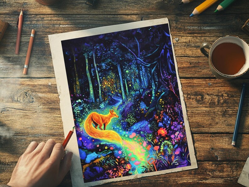 Fantasy coloring page with unicorns, foxes, and detailed forest designs, ideal for adult coloration and stress relief.