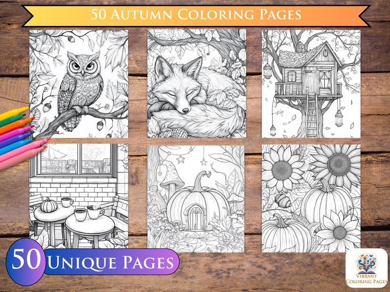 Dive into fall fun with 50 coloring pages; from autumn forests to Halloween scenes, this coloring book celebrates the magic of autumn for all ages.