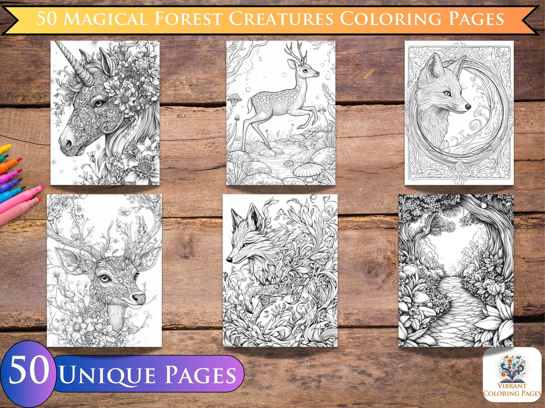 50 Magical Forest Creatures Coloring Pages – Unicorns, Deer, Foxes, and ...