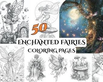 50 páginas para colorear de hadas encantadas: diseños mágicos para adultos, relajación creativa, escenas caprichosas, imágenes serenas, obras de arte únicas.