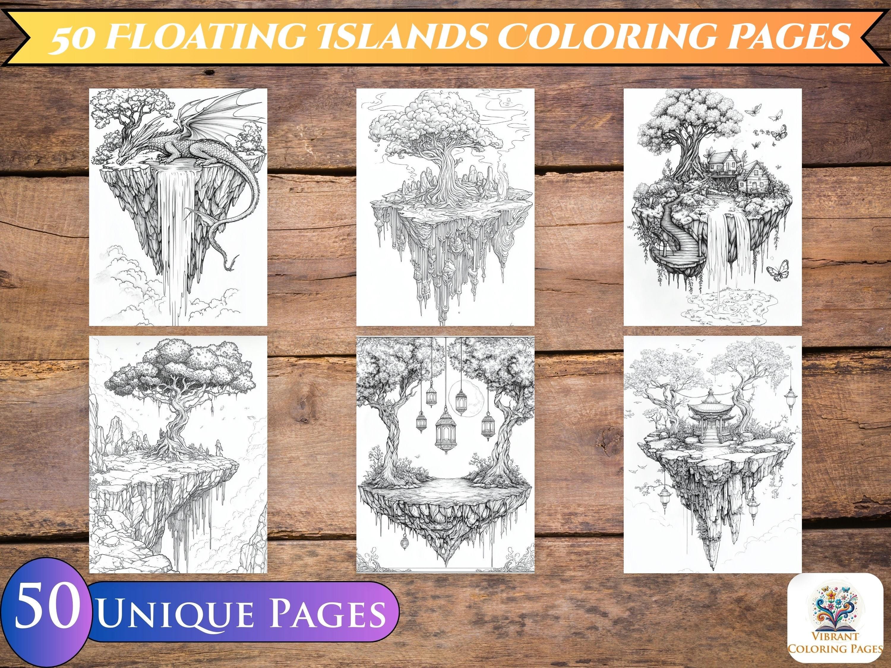 50 Floating Islands Coloring Pages – Enchanting Adult Coloring Book ...