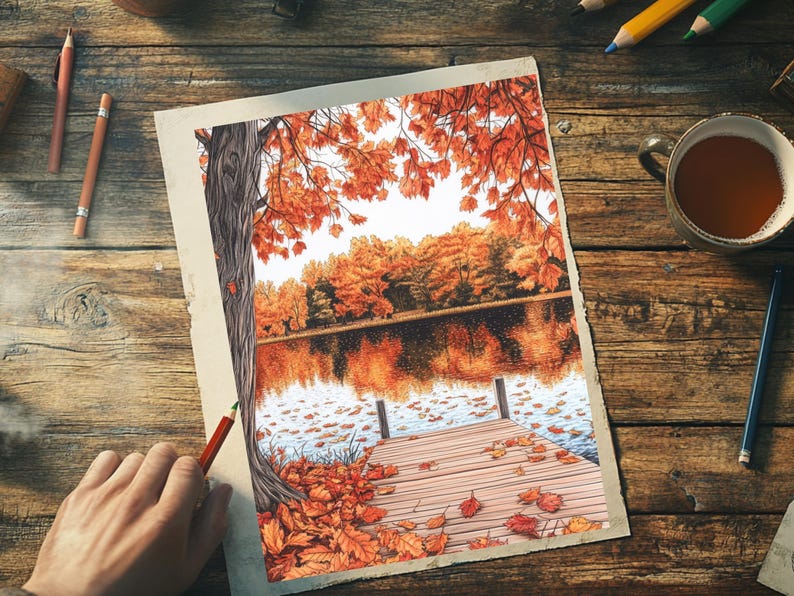 Fall-themed coloring pages for adults and kids; intricate autumn scenes including Halloween designs and cozy landscapes that celebrate the beauty of autumn.