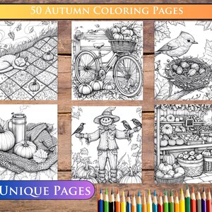 Relaxing autumn coloring book with unique designs; enjoy seasonal colorization of Halloween, fall landscapes, and woodland animals for hours of creative fun.