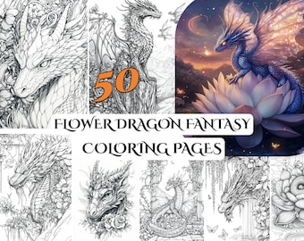 50 Flower Dragon Fantasy Coloring Pages – Magical Creatures, Enchanting Floral Designs for Relaxation & Adult Coloring Fun