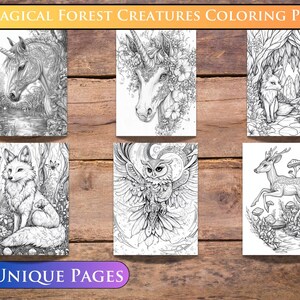 Glowing fox in a magical forest scene, designed for adult coloration with inspiring coloring details and intricate botanical textures.