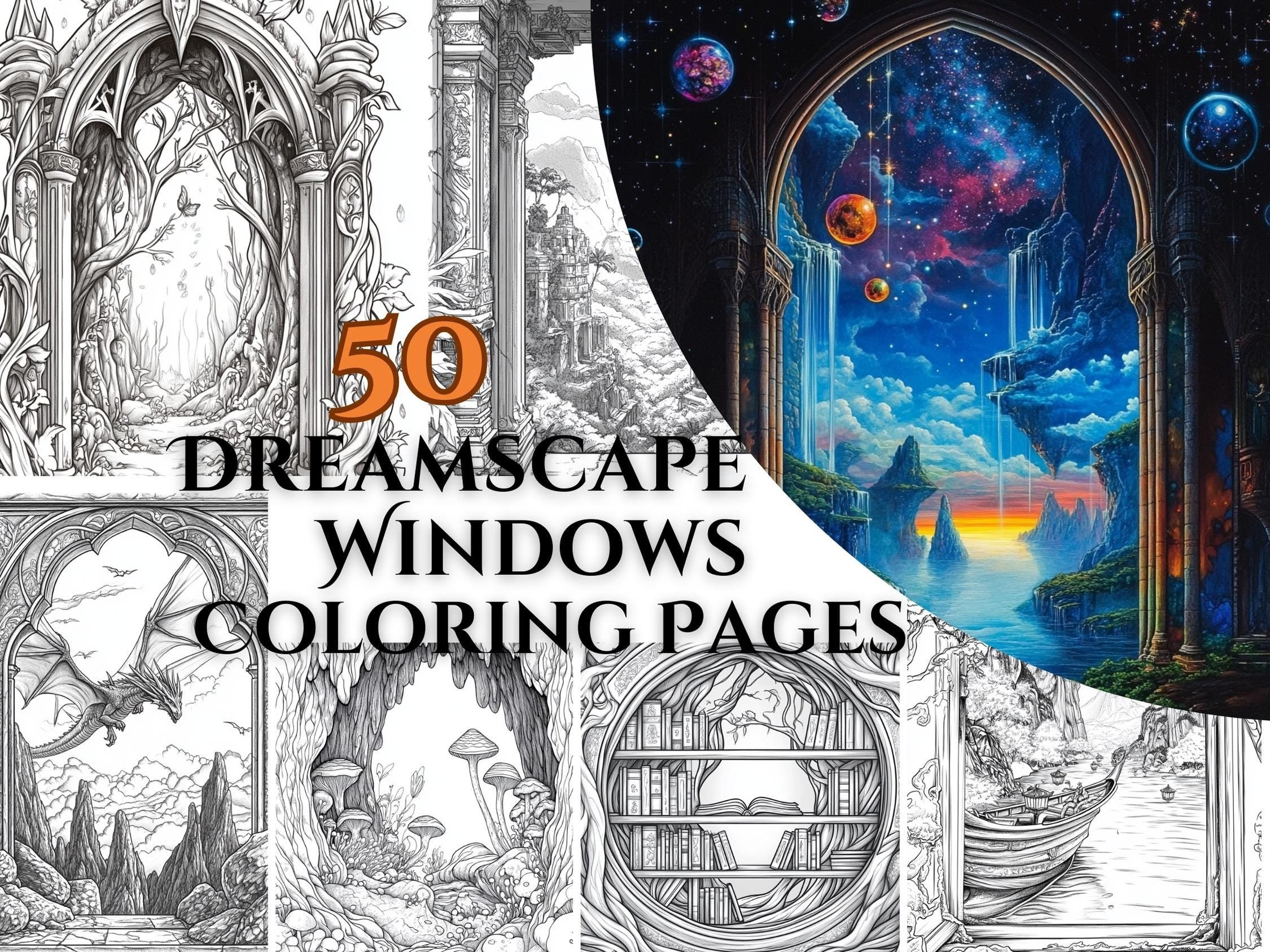 50 Dreamscape Windows Coloring Pages for Adults – Surreal, Detailed Designs for Relaxation & Creativity - Image 1