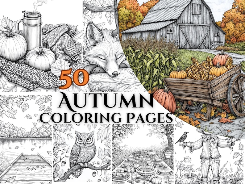 50 autumn coloring pages to capture the magic of fall; seasonal coloring for adults and kids with cozy scenes, pumpkins, and vibrant leaves in an inspiring coloring book PDF.