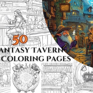 50 Fantasy Tavern Coloring Pages – Inspiring Printable DnD Coloring, Magical & Relaxing Fantasy Coloring Book for Adults, Creative Escape