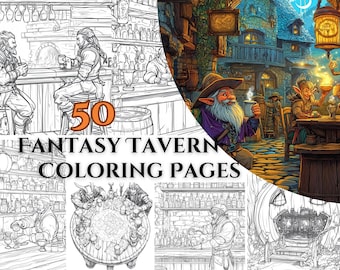 50 Fantasy Tavern Coloring Pages – Inspiring Printable DnD Coloring, Magical & Relaxing Fantasy Coloring Book for Adults, Creative Escape