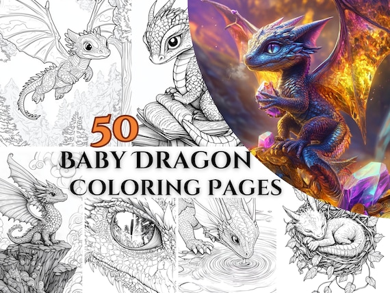 50 Baby Dragon Coloring Pages, Fantasy Coloring, Inspiring Adult coloring, Dragon Coloring Pages, Relaxing Magic Coloring for Adults & Kids