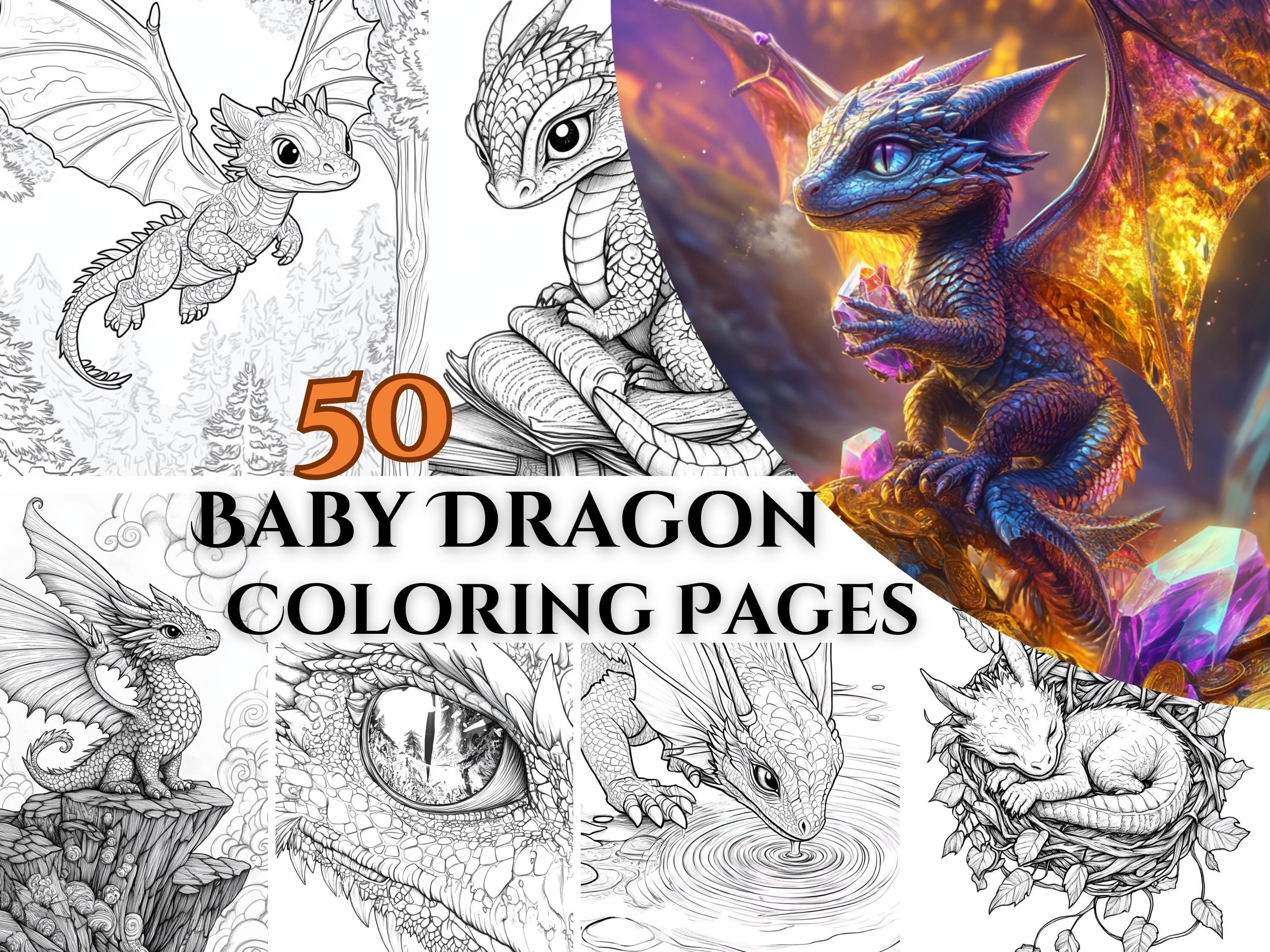 50 Páginas para Colorear Bebés Dragón para Adultos y Niños – Libro de Fantasía Imprimible para Relajarse