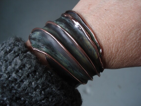 Copper cuff bracelet with patina: Turquoise Southwest, Midnight Sun blackened, Green hues; wide or narrow.