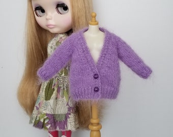 Hand knit mohair cardigan for Blythe - Purple