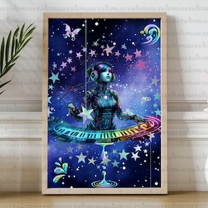 Cyberpunk Synthwave Girl Playing Rainbow Piano – A4 Sci-Fi Music Art Print, Futuristic Space Poster, Neon Starry Night Wall Decor