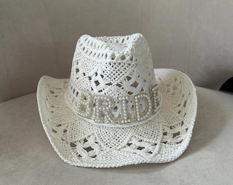 Hoed voor bruid als cowgirl | Parelcowboyhoed | Strohoed voor bruid | Gepersonaliseerde bruidshoed | Huwelijksreiscadeaus | Accessoires vrijgezellenfeest Laatste Rodeo