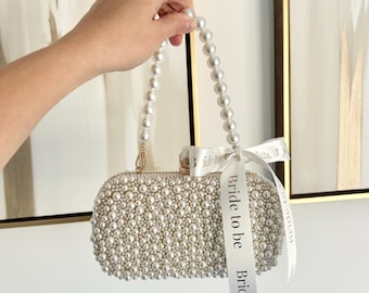Personalised Pearl Handbag | Pearl ribbon bag | bride To Be | Honeymoon Gift | Personalised clutch bag | Wedding Bag | Bride Bag