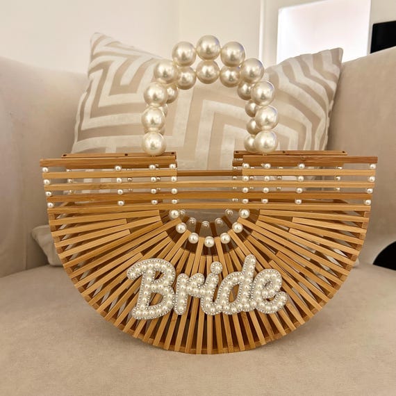 Bride Wooden Personalised Pearl Bag | Pearl Personalised Honeymoon Bag | Wedding Bridal Bag | Bridal Shower Bag | Bachelorette Bag
