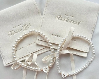 Regalo de propuesta de dama de honor en crema / Pulsera de dama de honor / Bolsa de joyería para dama de honor / Regalo de novia personalizado / Pulsera personalizada