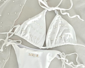 bride to be pearl bikini | hen party swimsuit | hen party bikini | bridal bikini | bridal shower bikini | bridal party sarong | bride sarong