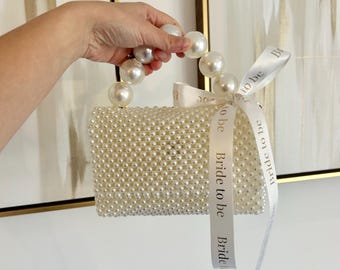 Personalised Pearl Handbag | Pearl ribbon bag | bride To Be | Honeymoon Gift | Personalised clutch bag | Wedding Bag | Bride Bag