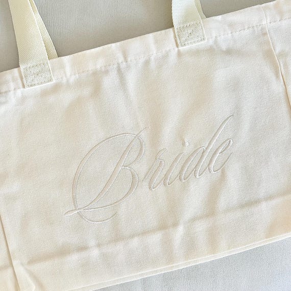 bride tote bag | embroidered hen party tote bag | bridal shower gift | hen party gift | cream embroidered honeymoon tote | bachelorette gift