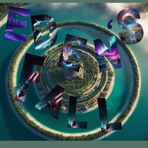 Puede incluir: Una portada de libro con el título "Lindations Eden's Fall: Shadows of a Lost World" en texto blanco sobre un fondo turquesa. La portada presenta una imagen circular de una isla verde con una laguna azul y una serie de anillos concéntricos.