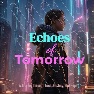 Peut inclure: Une couverture de livre avec un arrière-plan de ville futuriste. Le titre est "Echoes of Tomorrow" en texte rose et bleu. Le sous-titre est "A Journey Through Time, Destiny, and Hope". Le nom de l'auteur est "Merlon Jorge" en texte vert.