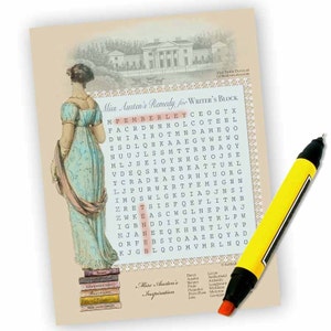 Jane Austen Party Game - Wordsearch Puzzle - Jane Austen Tea Game, Shower Game - Book Group Game - PDF or JPG