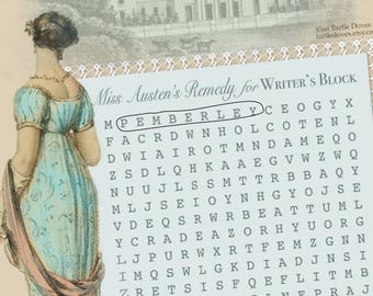 Jane Austen word search puzzle, party game – Pride and Prejudice- digital printable download