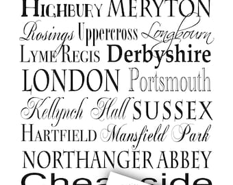 Jane Austen Poster - 11x14 Digital Printable Gazateer Poster