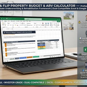 May include: A laptop displaying a Fix & Flip Property Budget & ARV Calculator spreadsheet. The screen shows a workflow guide, a color-coding legend, and tabs for navigation. Icons on the right highlight features like ROI metrics and dual-compatibility.