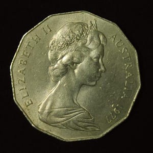 1977 Australië 50 cent munt, herdenkingsmunt zilveren jubileum koningin Elizabeth II, zeldzame 12-zijdig twaalfhoekig kroonmotief vintage valuta