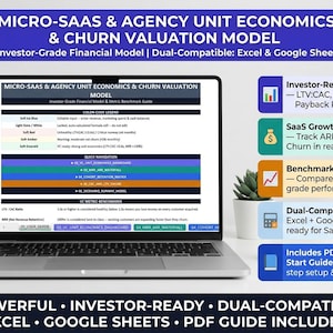 May include: A laptop screen displaying a Micro-SaaS and Agency Unit Economics and Churn Valuation Model spreadsheet. The interface features a colour-coded legend, quick navigation tabs, and VC metric benchmarks for Excel and Google Sheets.