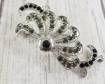 Vintage Silver Tone Paste Rhinestone Brooch, Black and Gray Pastes