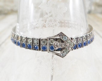 Art Deco Sterling Silver Bracelet by Diamonbar, Sapphire and Clear Paste Stones.....FREE SHIPPING
