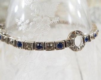 Art Deco Sterling Silver Bracelet by Diamonbar, Sapphire and Clear Rhinestones