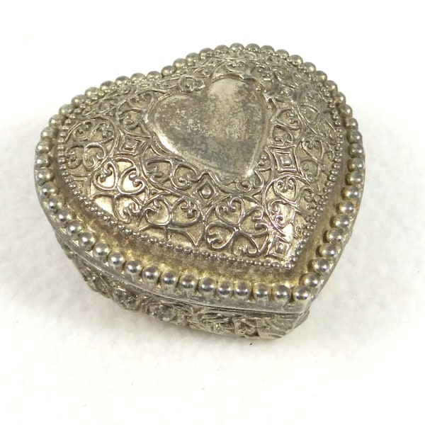 Vintage Heart Ring/Trinket Box, Silver Plate Red Velvet Interior