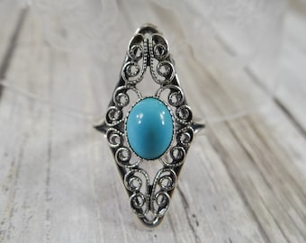 Vintage Sterling Silver Faux Turquoise Ring by BEAU, Size 5 1/2 Adjustable