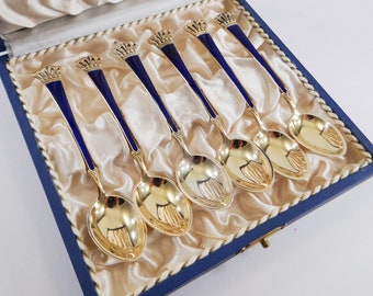 Sterling Silver and Enamel Spoons by Egon Lauridsen of Denmark, Gold Wash, Blue Enamel, Mid Century