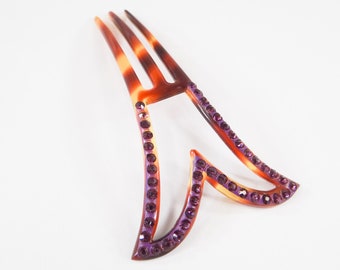 Art Deco Hair Comb, Amethyst Paste Rhinestones, Celluloid Tortoise Shell