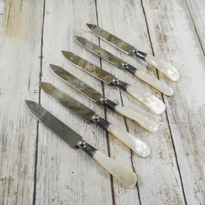 Antique Fruit Knives, Mother of Pearl Handles with Sterling Ferrules, Set of 6