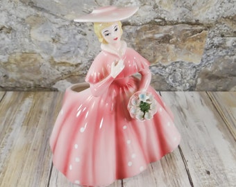 Vintage Lefton Planter, Lady in Pink Dress, #1856, Made in Japan