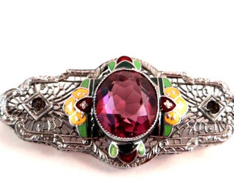 Vintage Amethyst Glass and Enamel Silver Filigree Brooch