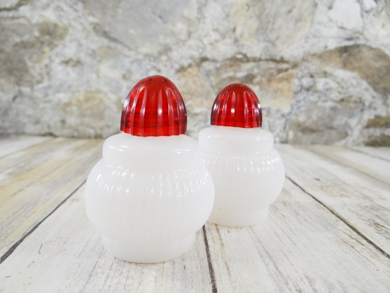 Vintage Milk Glass Salt and Peppers with Red Caps
