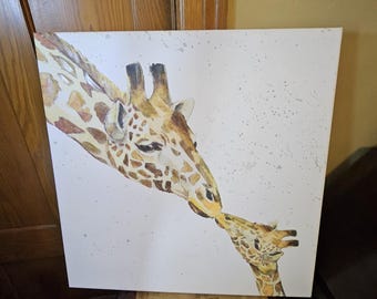 Large Vintage Giraffe Wall Art On Canvas, Unsigned And Unframed,  29.5 x 29.5, Ready To Hang