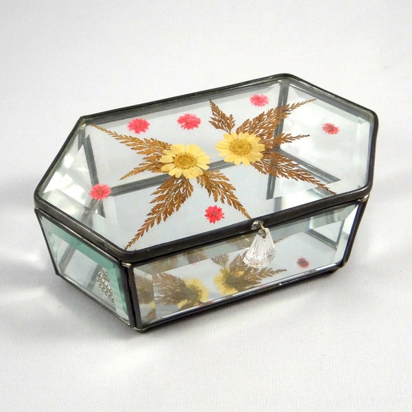 Vintage Glass Trinket Box with Pressed Flowers