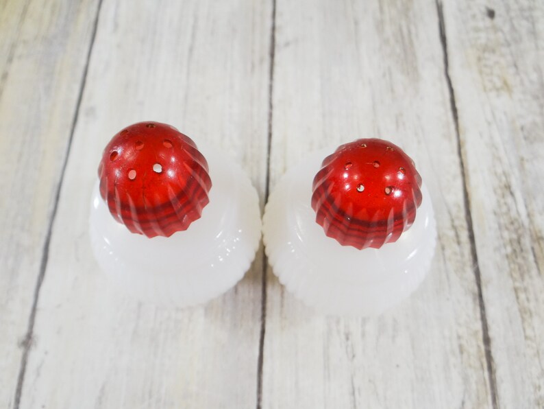 Vintage Milk Glass Salt and Peppers with Red Caps