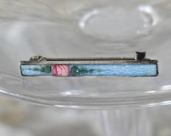 Art Deco Tiny Green And Pink Floral Guilloche Sterling Brooch/Pin