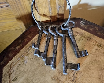 Vintage Reproduction Set Of Large Cast Iron Skeleton Keys On A Ring