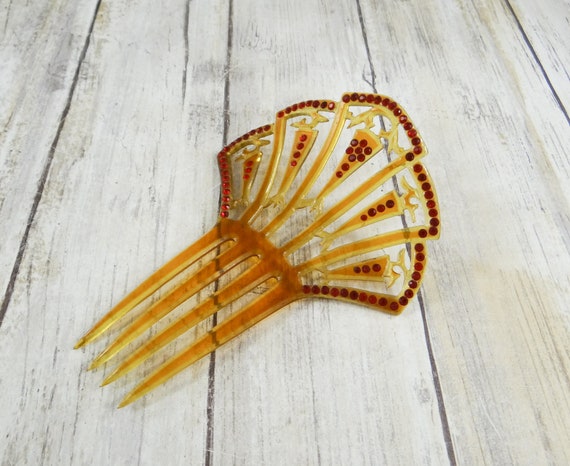 Art Deco Hair Comb, Celluloid and Ruby Paste Rhin… - image 2